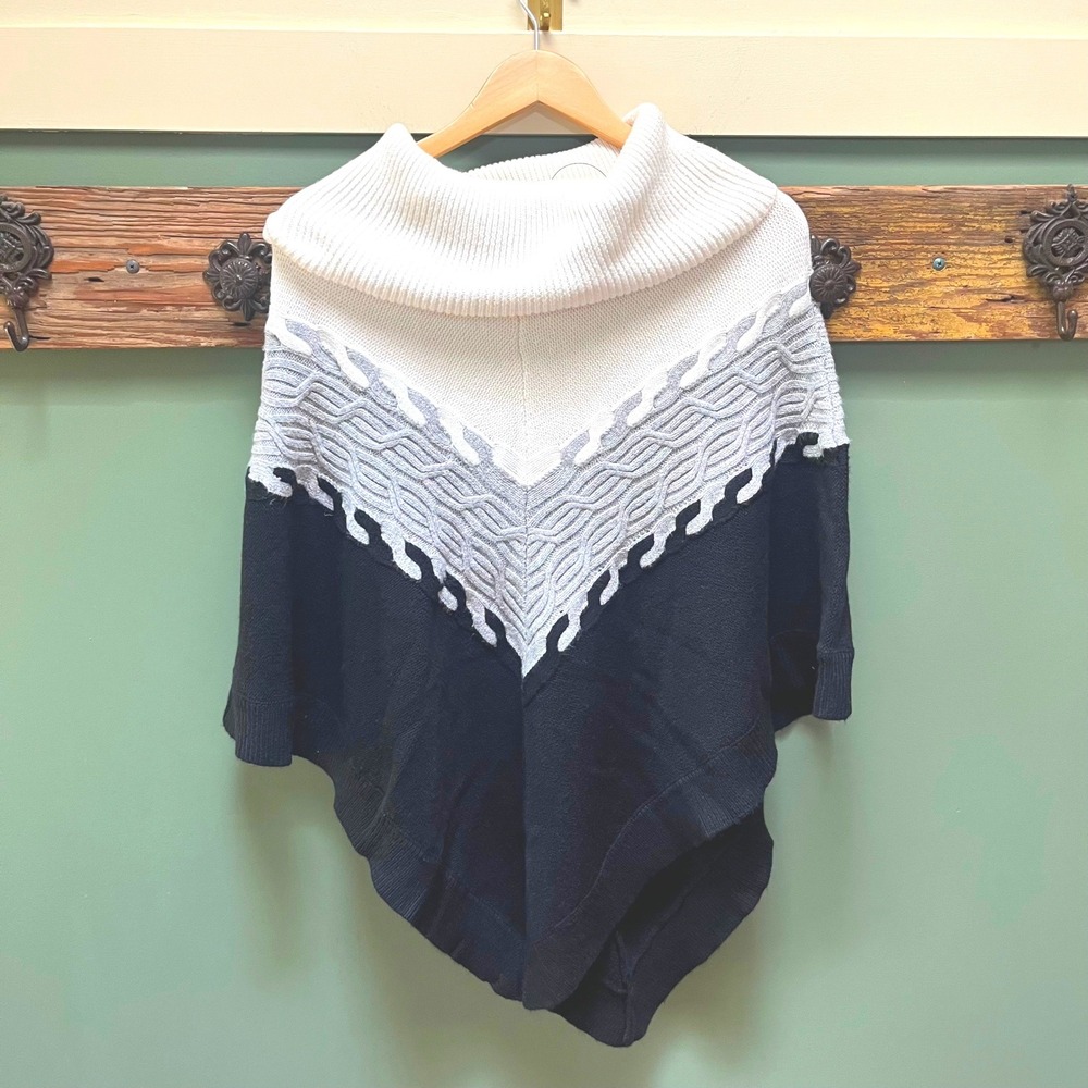 Talbots Womens Colorblock Cable Knit Cowl Neck Poncho Sweater Black White S